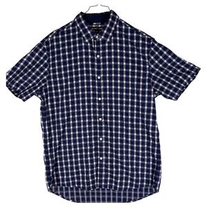Michael Kors Mens Size L; Slim Fit Short Sleeve Plaid Button Dow Blue White